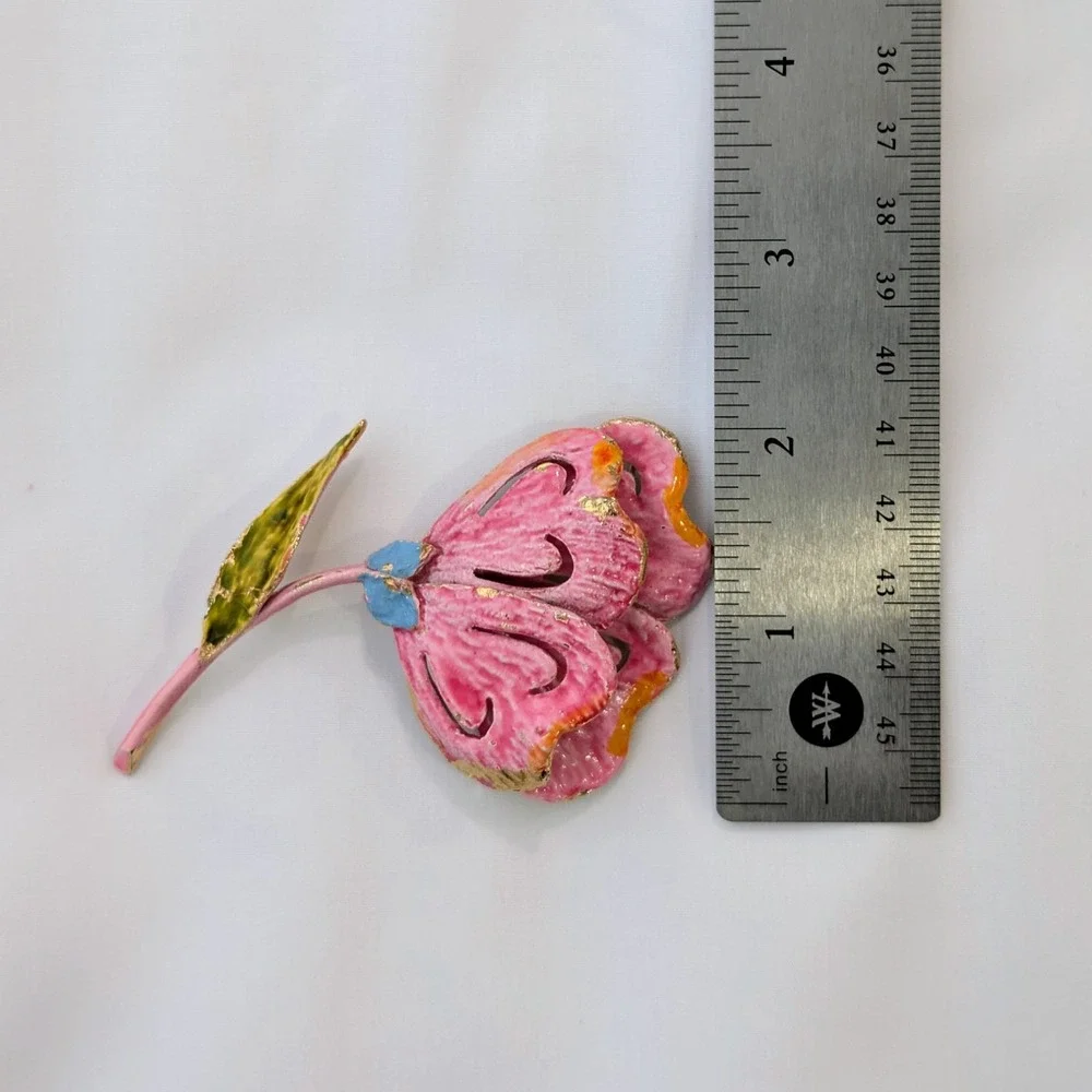 Vintage Signed ART Enamel Flower Brooch Pin Arthur Pepper Gold Tone 3" x 2" - Picture 9 of 9